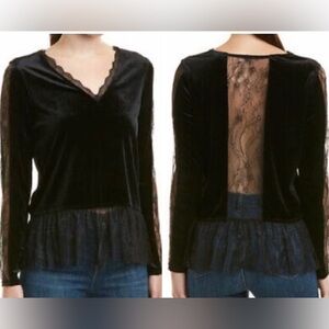 Allison New York Black Velvet Lace Blouse Long Sleeve V Neck Party Date Sz S